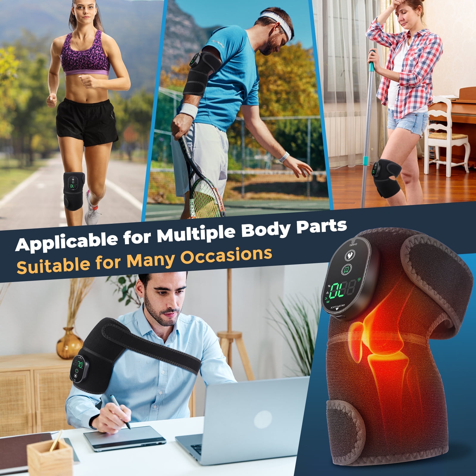 JeckyBro Heated Knee Brace Wrap Heating Pad for Knee,Knee Heating Pad with controler Cordless Knee Warmers USB Charging 28*9in