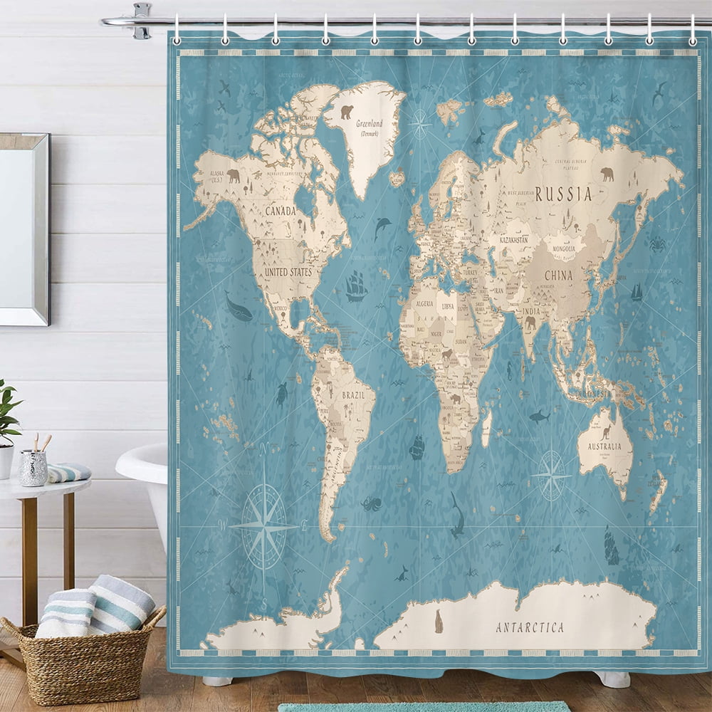 World Map Shower Curtain, Map of The World with National Educational Fabric Shower Curtains Set for Bathroom, Geography Educational Fabric Bathroom Shower Curtain with Hooks, Kids Bathroom70x70IN