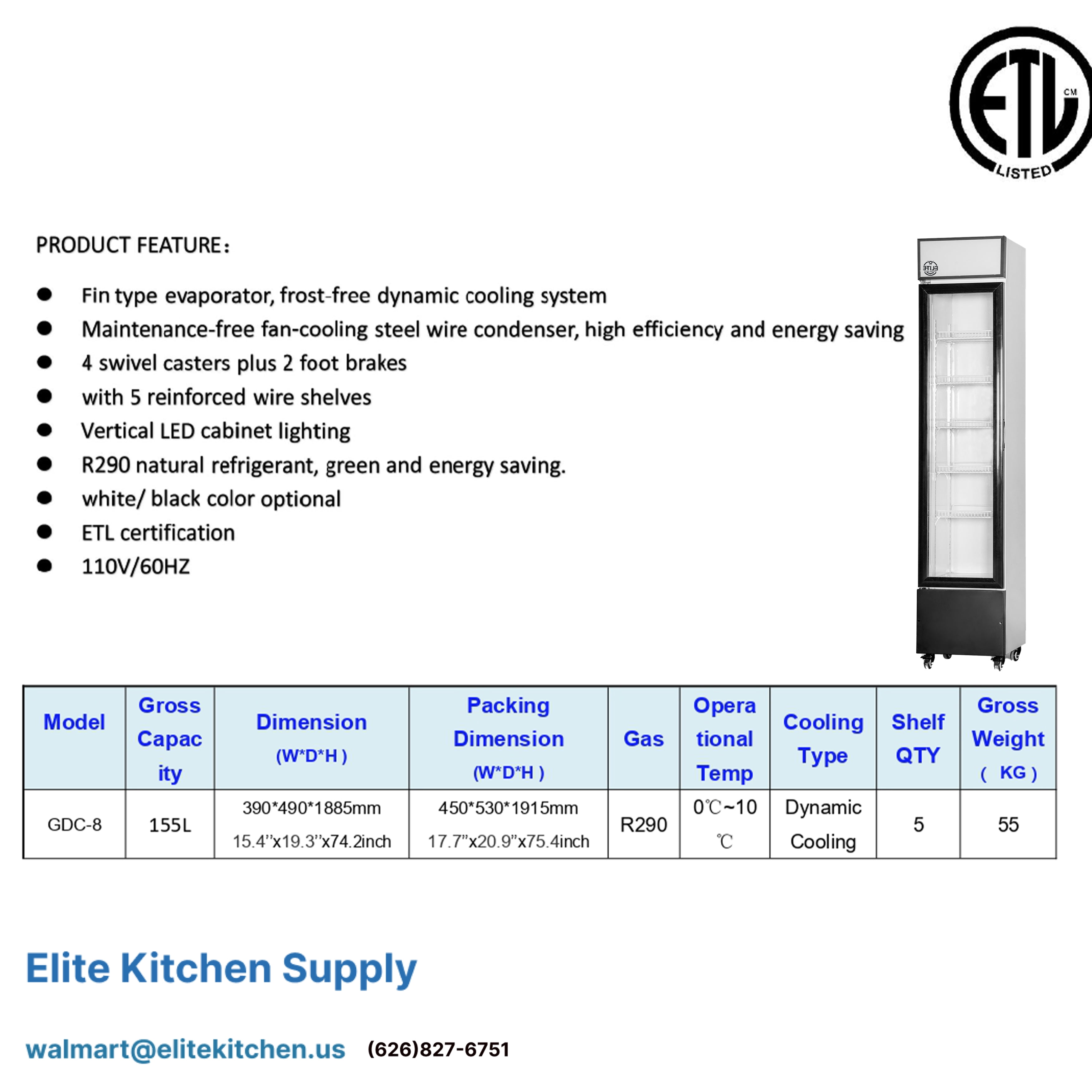 NSF 16 in. Glass Door Upright Refrigerator, 155L Narrow Cooler Display Merchandiser Slim Line 5.5 Cu.Ft. ETL