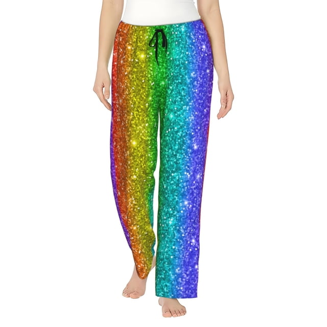 Fotbe Glitter Rainbow Pantalones de Pijama para Mujer, Pantalones de Dormir, Pantalones Pj con Cordón y Bolsillos-X-Large