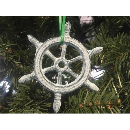 New Christmas Color Wheel Dark Blue Whitewashed Cast Iron Ship Wheel Decorative Christmas Ornament 4