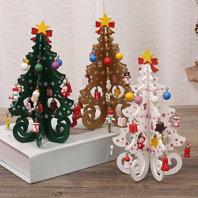 Fiudx Árbol de Navidad de Madera, Tamaño Pequeño de 7,5 Pulgadas, Decoración Navideña Colorida, Fácil de Montar, Incluye Adornos Festivos, Gran Regalo de Navidad, Perfecto para Escritorio, Estantería