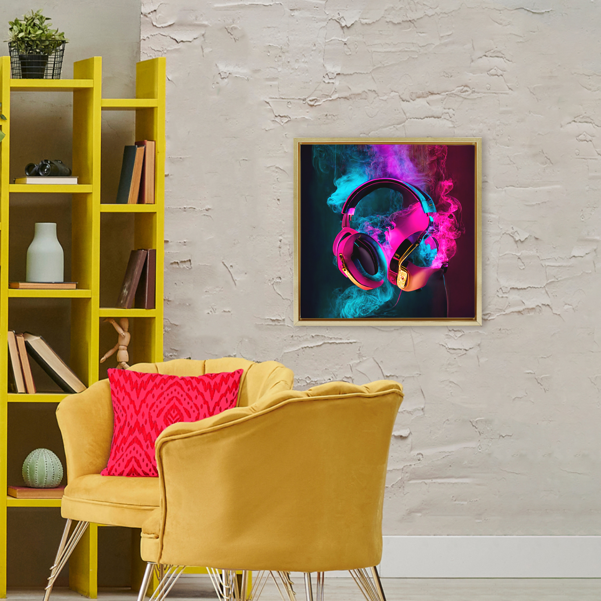 Power Play Pink & Blue Headphones Gold Framed Floater Canvas Wall Art, design by Sasha