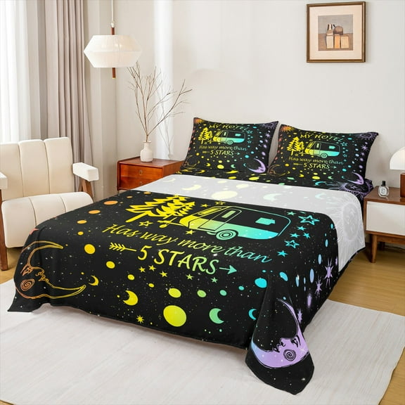 Manfei Happy Camping Rv Twin Sheet Sets,Boho Sun Moon Twin Fitted Sheet,Galaxy Starry Night Flat Sheet For Teens,Ultra Soft Home Decor,3pcs