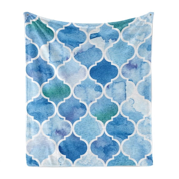 Watercolor Soft Flannel Fleece Throw Blanket, Abstract Moroccan Trellis Geometric Pattern Curves Persian Mosaic Design, Cozy Plush for Indoor and Outdoor Use, 50" x 70", Blue Baby Blue, by Ambesonne
