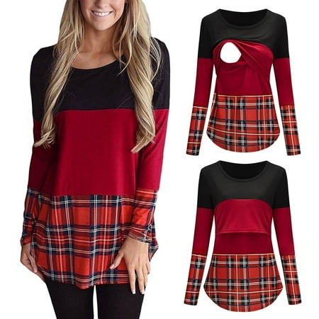 

jbyrvq Maternity Clothes Women Long Sleeve Plaid Print Nursing Tops T-shirt For Breastfeeding