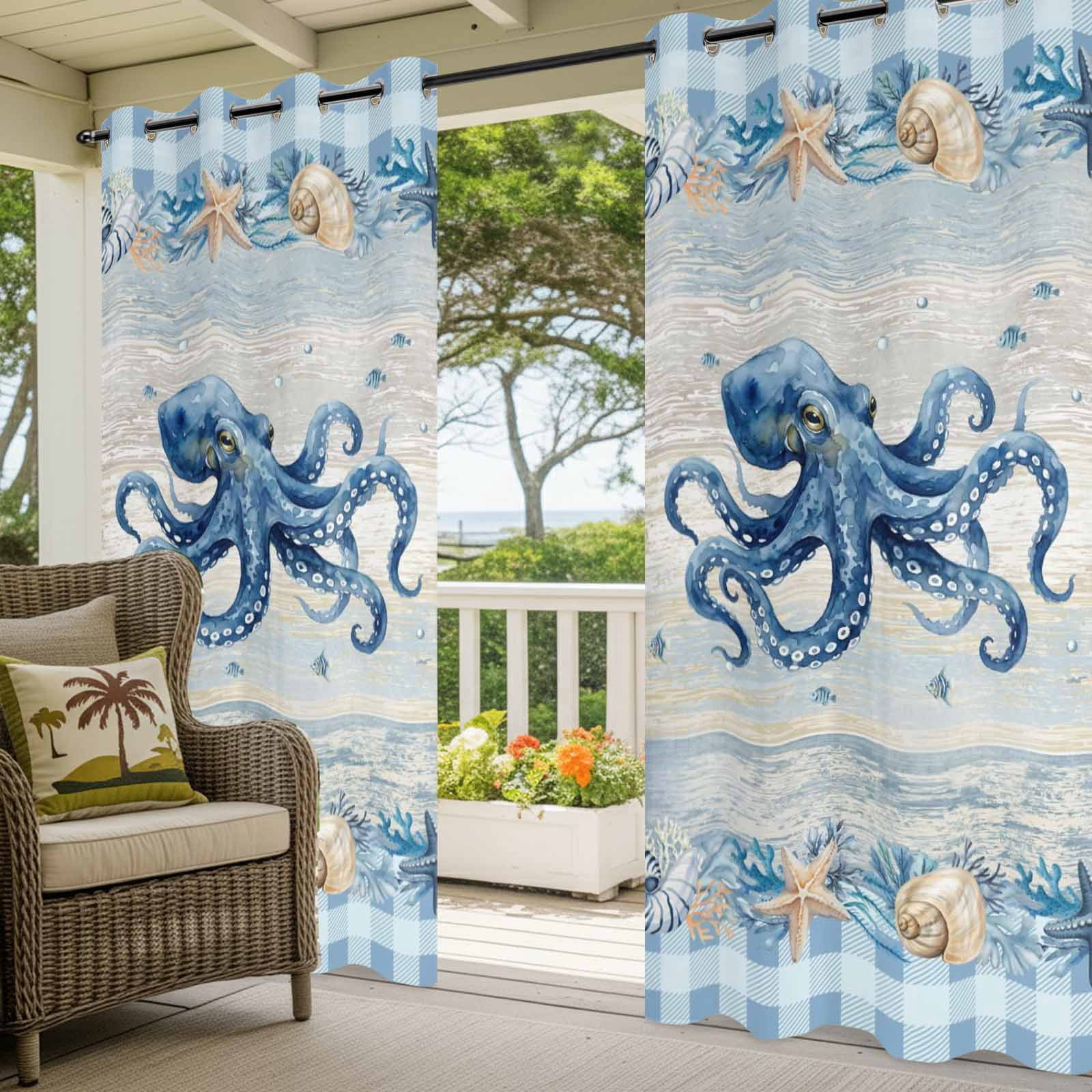 Blue Octopus Coastal Outdoor Curtains for Patio, Summer Starfish Beach Coral Shell Vintage Sunshade Privacy Drapes Grommet Waterproof Outside Curtains for Porch/Cabana/Balcony 54"x 108", 1 Panel