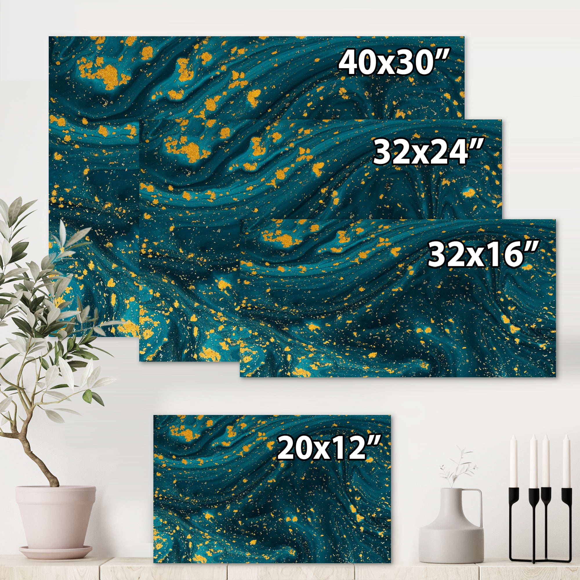 Designart ' Golden Glitter With Dark Blue Marble ' Modern Canvas Wall Art Print