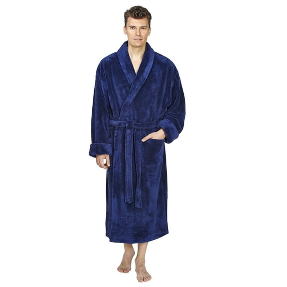 Arusa Int. Men's Shawl Collar Premium Fleece with Full Ankle Length Bathrobe Navy Blue S-M
