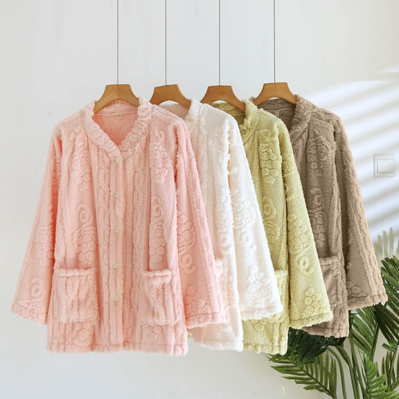 Hrsba Button Bed Jacket for Women Solid Color Fleece Lined Thick Long Sleeve Pj Tops