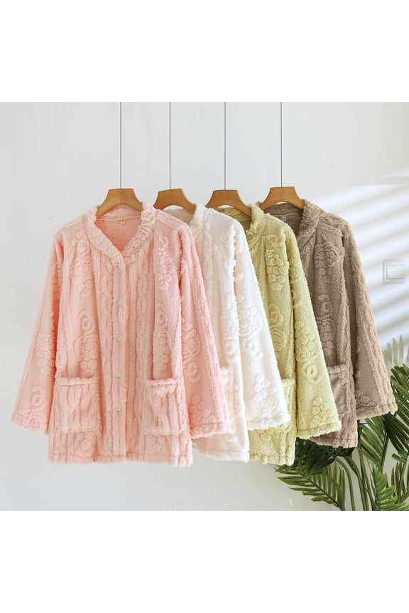 Bed Jackets for Women Men Fuzzy Fleece Button Up Loungewear Pajama Tops Soft Warm Sleepwear Winter Coat with Pockets