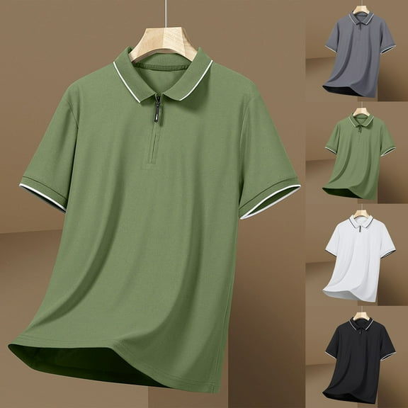RYDCOT Men Short Sleeve Polo Shirts Summer Zipper Lightweight Breathable Streetwear Lapel Solid Color Comfortable Top White