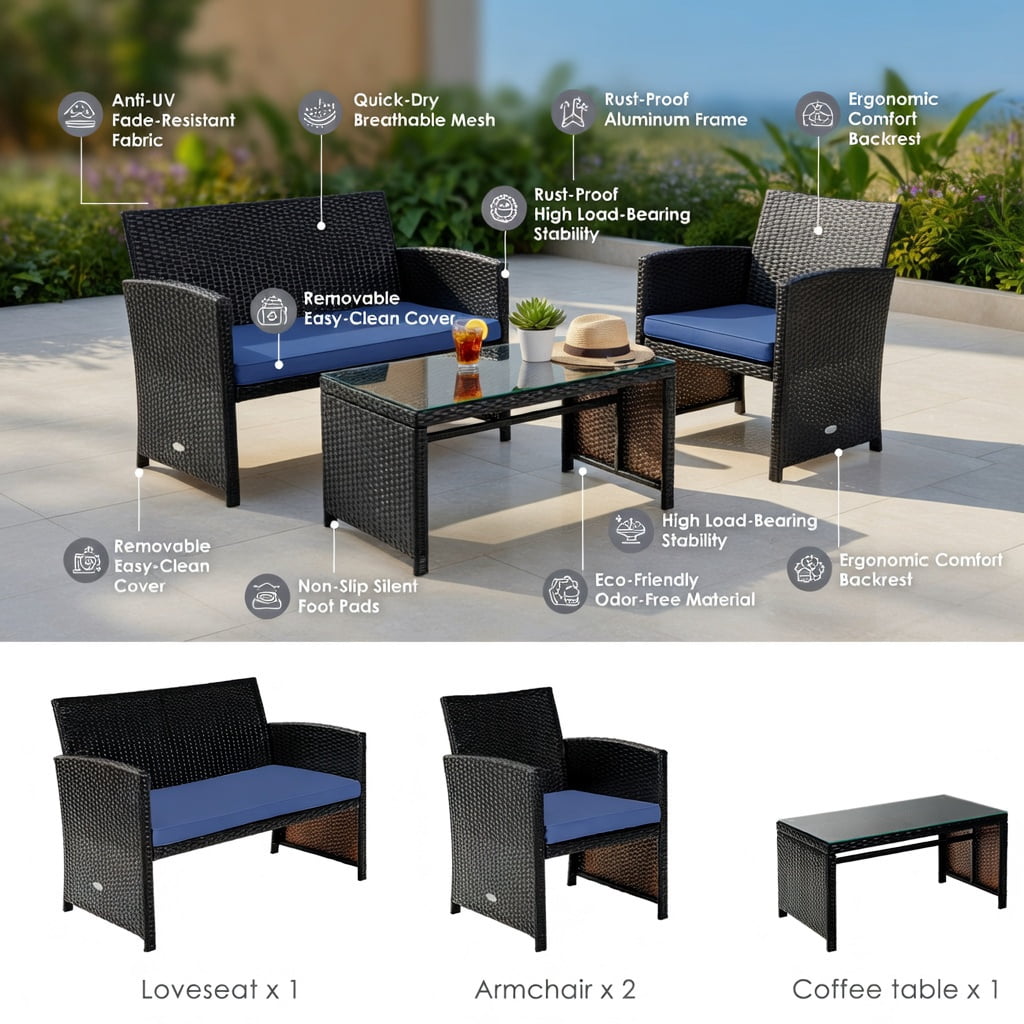 Hommoo 4-Piece Outdoor Rattan Patio Furniture Set with Cushions, Tempered Glass Coffee Table, Loveseat & 2 Chairs, Weather-Resistant Wicker Seating for Patio, Poolside & Deck, Navy