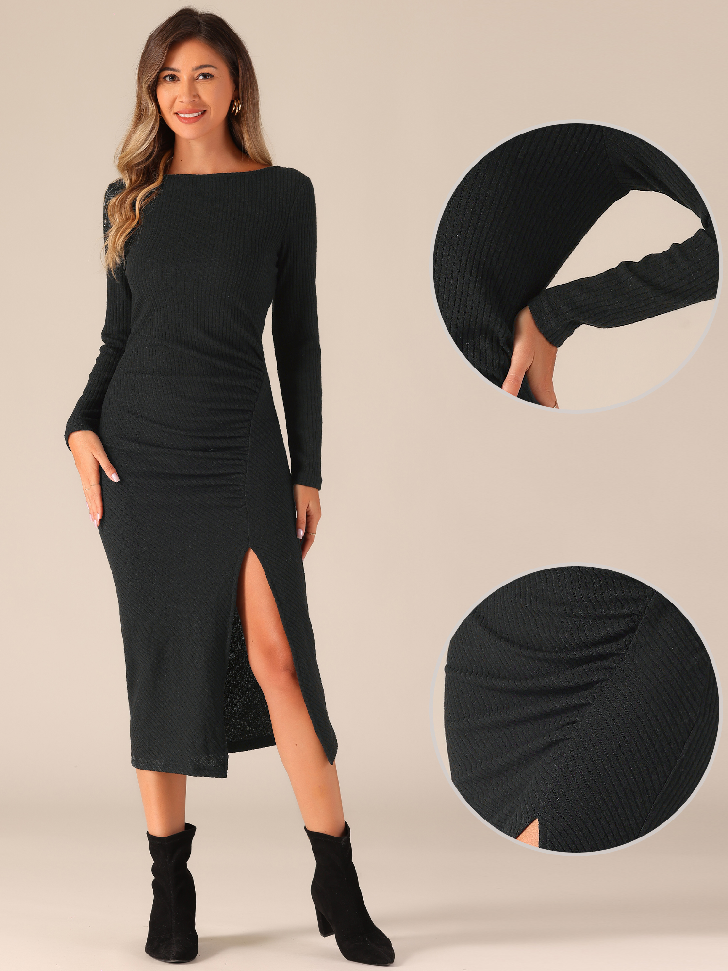 DARING DIVA Casual Bodycon Long Sleeve Midi Dress L Black