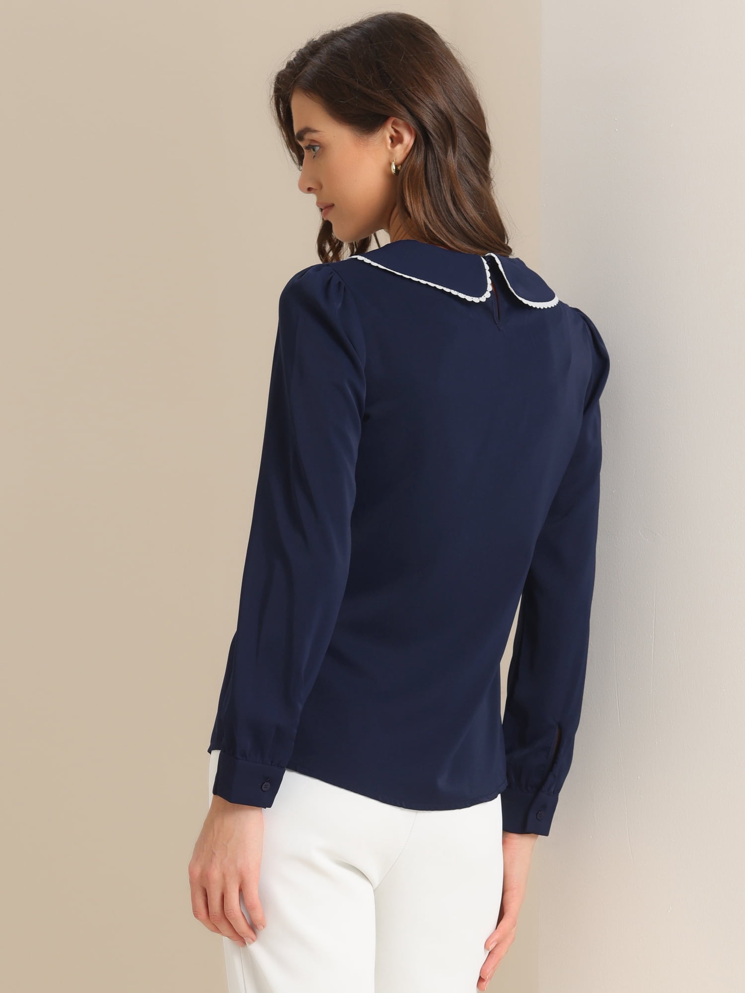 DARING DIVA Peter Pan Collar Button Decor Blouse XS Dark Blue
