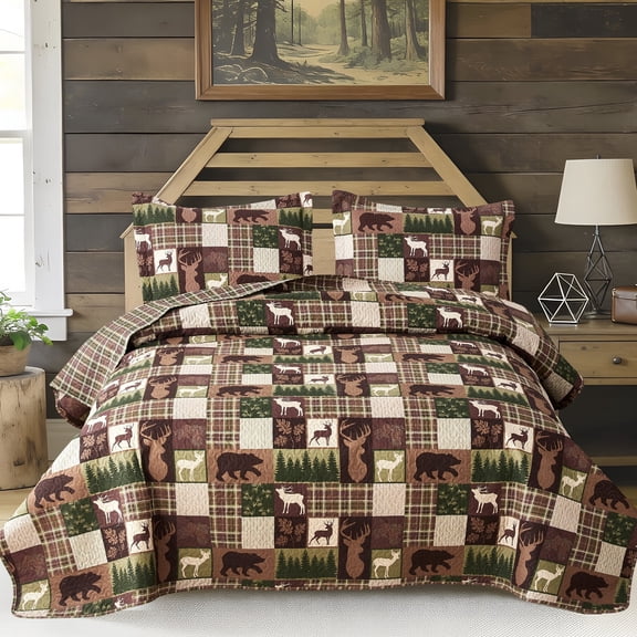 Beartech Quilt Set Queen Size Moose Bear Brown Plaid Quilt Lightweight Reversible Microfiber Bedspread Coverlet Bedding Set