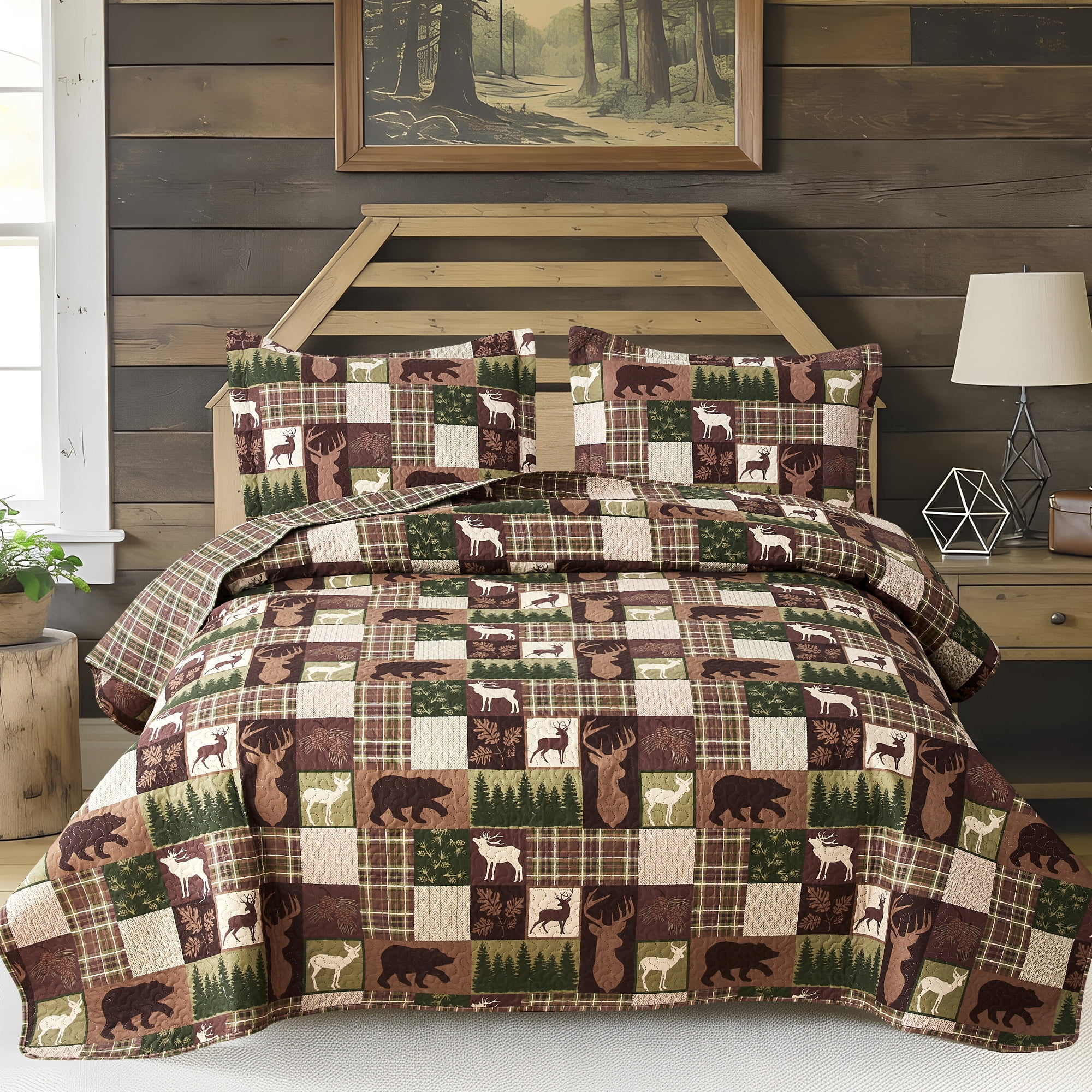 Beartech Quilt Set Queen Size Moose Bear Brown Plaid Quilt Lightweight Reversible Microfiber Bedspread Coverlet Bedding Set