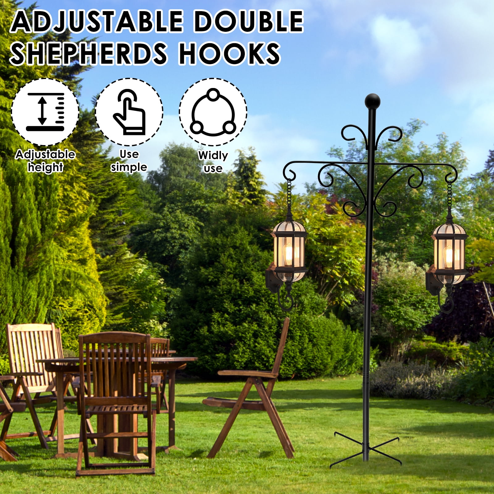 Sutowe Double Shepherd Hooks 76inch Metal Shepherd Crook Hook Rust Resistant Bird Feeder Pole with 5 Prongs Base for Bird Feeder Lanterns Plant Baskets