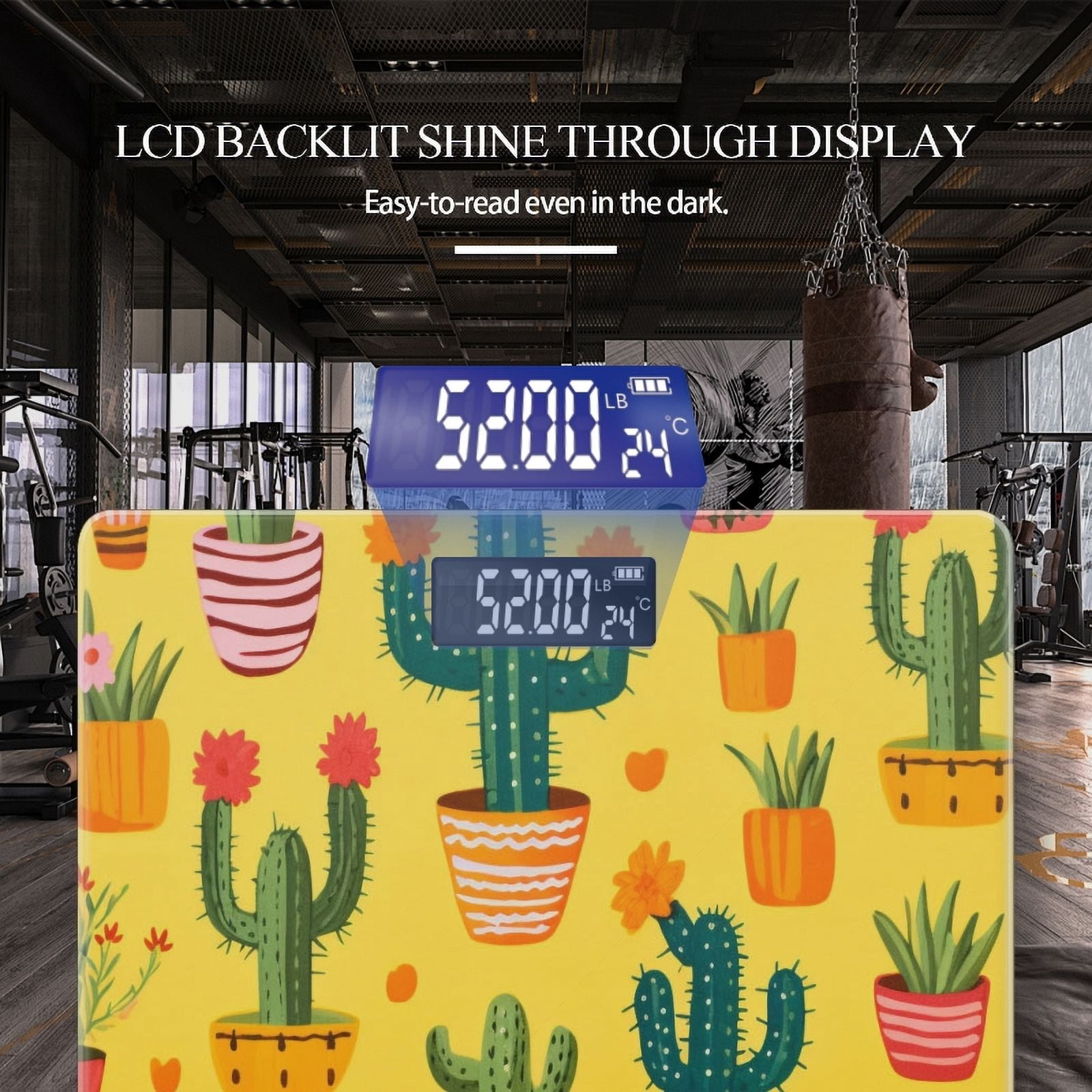 High Precision Body Weight Scale Smart Bathroom Scales with Large LCD Display(400lbs),Decorative for Bedroom-Cute Cacti And Succulents In Pots Vibrant Yellow Background