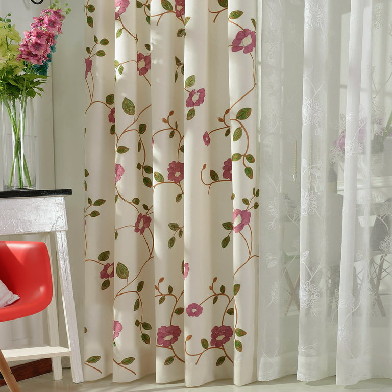 Farmhouse Style Home Decor Curtains, Red Floral Embroidered