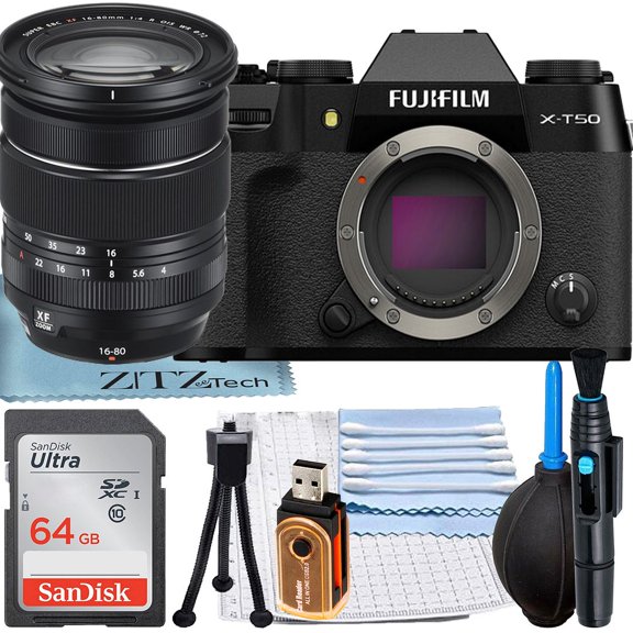 FUJIFILM X-T50 Appareil Photo Sans Miroir (Noir) avec Objectif XF 16-80mm + Carte Mémoire SanDisk 64 Go + Ensemble d'Accessoires ZeeTech