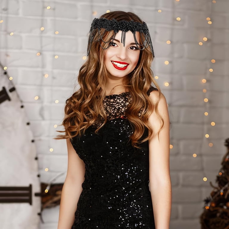 Black Rhinestone Flapper Headband 1920s Gatsby Costume Womens Accessory Amazon.com: SWEETV Black Rhinestone Flapper Headband-Elastic  main image 2
