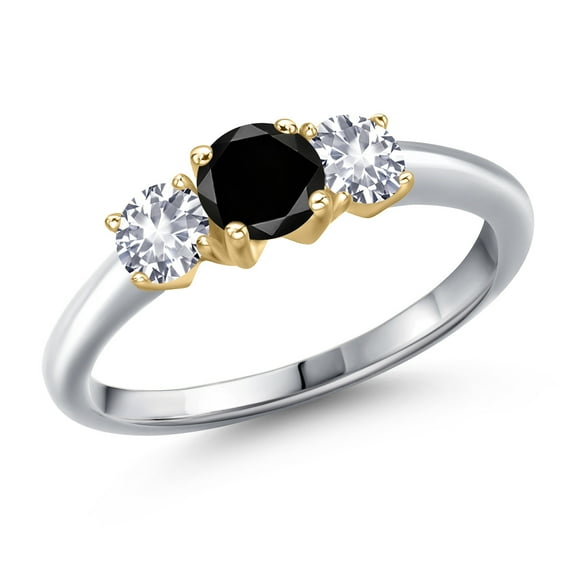 Gem Stone King 10K Two Tone Gold Black Diamond and White Created Sapphire Engagement Ring for Women | 1.05 Cttw | Round 5MM | Gemstone April Birthstone | Size 5