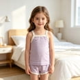 thumbnail image 5 of Juorvia Toddler Girls Summer Outfits 2pc Loungewear Cotton Classic Fitted Sleeveless Tops Color Spliced Shorts(6-7 Years,Purple), 5 of 6