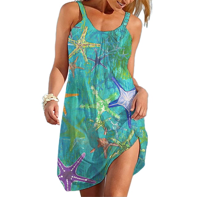Daeful Robe Midi à Bretelles Robe Ligne A Femmes Décontractée Imprimé Floral Étoiles S