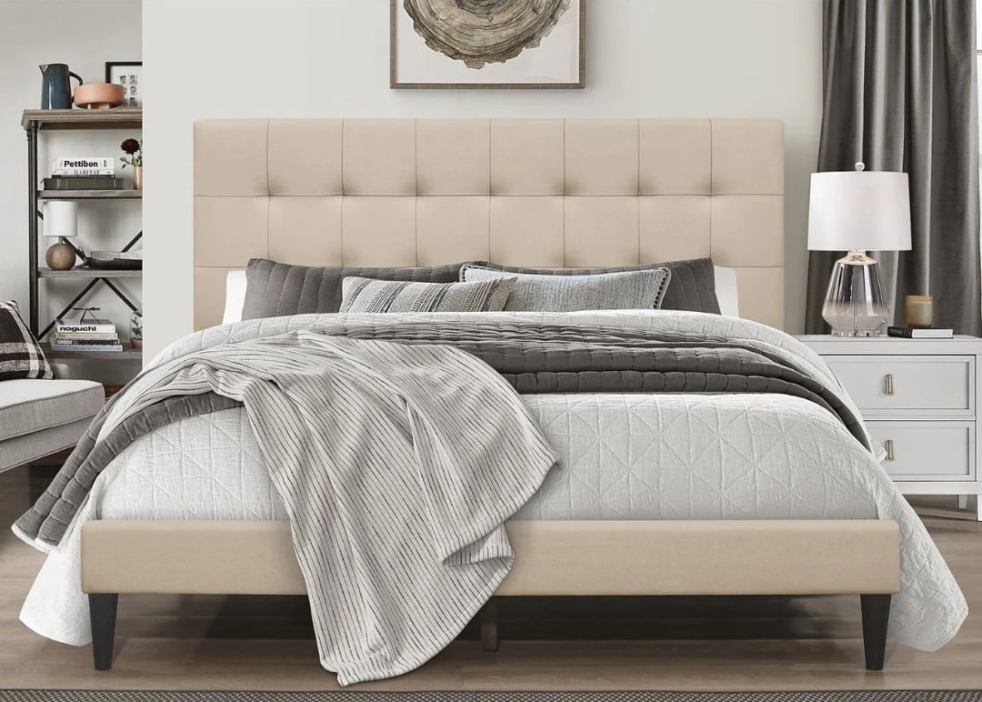 Harry Upholstered Full Platform Bed, Beige - Walmart.com