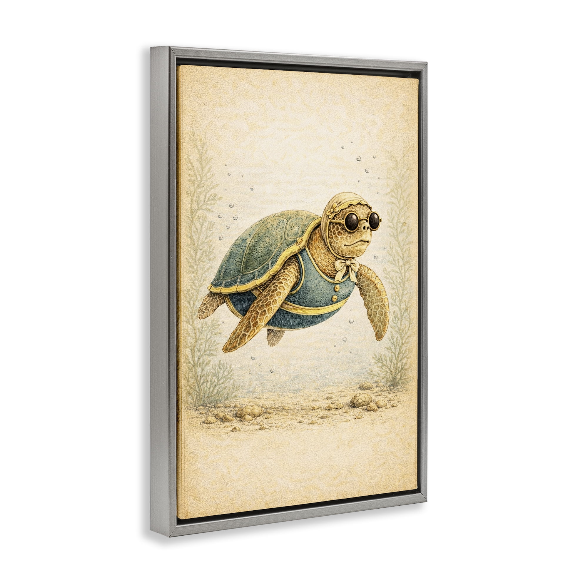 Stupell Industries Maritime Bathing Society Turtle Gray Framed Floater Canvas Wall Art, design by Grotto Studios