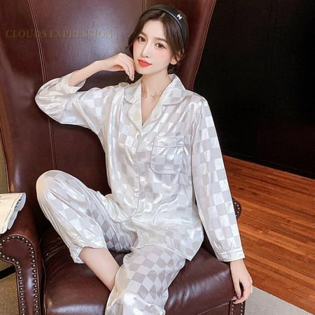 

QWZNDZGR Spring Summer Ladies Faux Silk Polyester Pajama Sets Sexy Womens Homewear Casual Luxury Pajamas Plaid Pajamas Female Sleepwear