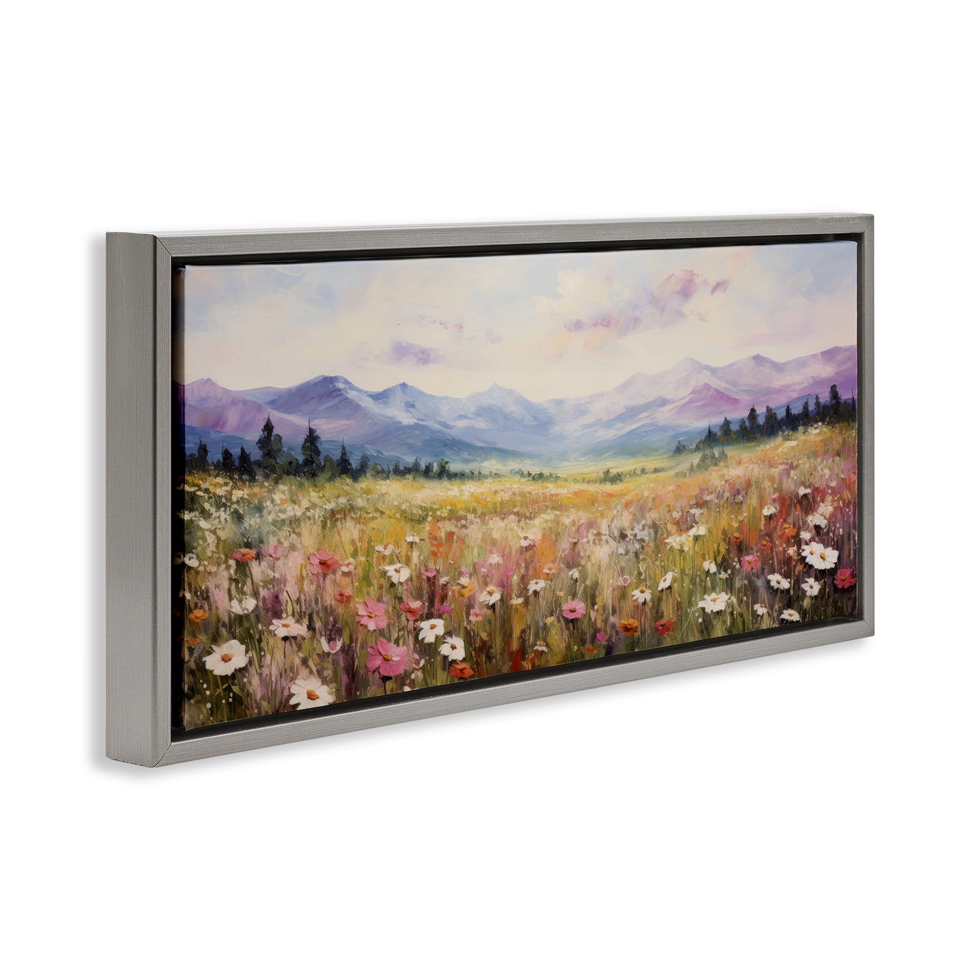Stupell Industries Mountainous Daisy Meadow Landscape Painting Gray Floater Framed Art Print Wall Art, 31 x 14
