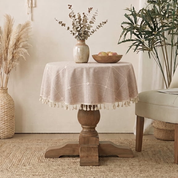 ICEANT 24 inch Linen Textured Tablecloth with Tassel, Round Grid Pattern Waterproof Wrinkle Free End Bedside Table Cover, Spill-Proof Table Cloth For Dining Room & Living Room, Coffee