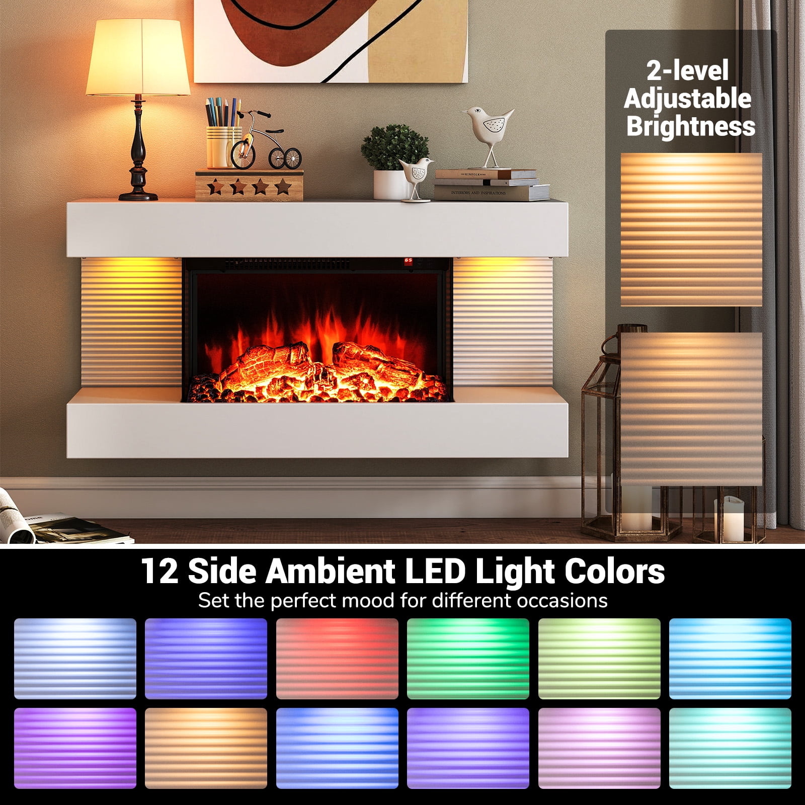 Giantex Wall-Mounted Electric Fireplace Mantel, 18" Fireplace & 32" Floating Mantel, 750W/1500W All-in-One Fireplace