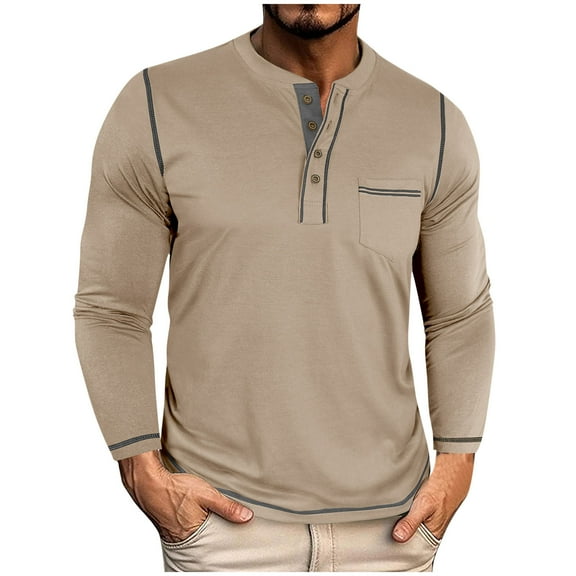 LNWUY Color Contrast Henley Shirt Long Sleeve Button Tshirt for Men Fall Winter Basic Pullover Shirt with Pocket Yellow M
