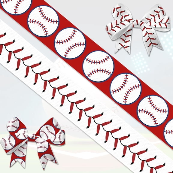 Hsomely 2 Pcs Baseball Grosgrain Ribbons, 4/5" Width Red White Softball Sports Ribbon for Gift Wrapping DIY Sports Birthday Decorations, 10 Yards Total