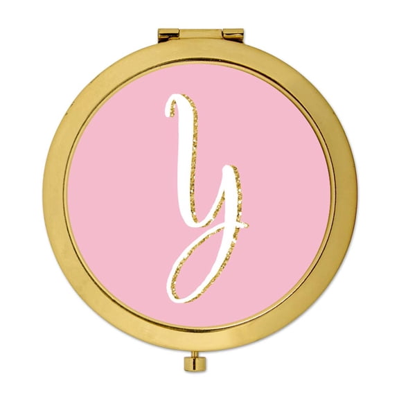 Koyal Wholesale Gold Compact Mirror Bridesmaid's Wedding Gift, Blush Pink Faux Gold Glitter, Monogram Letter Y, 1-Pack