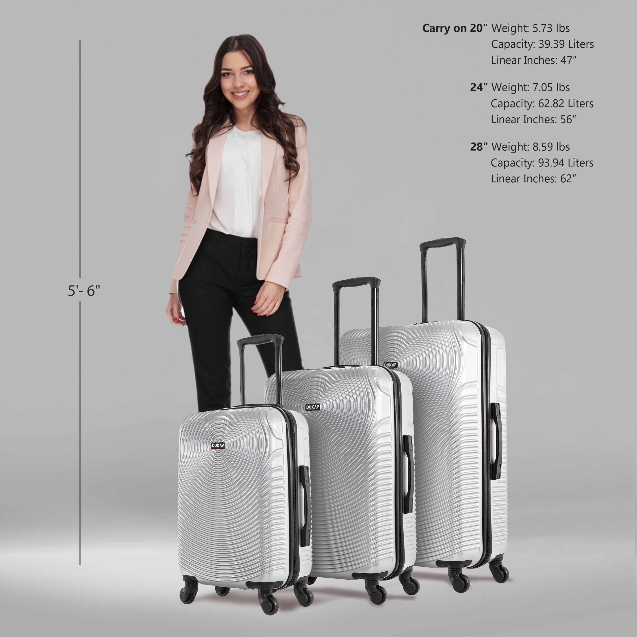 DUKAP Inception 3-Piece Hardside Luggage Sets with Spinner Wheels, Handle and Trolley, (20"/24"/28"), Silver