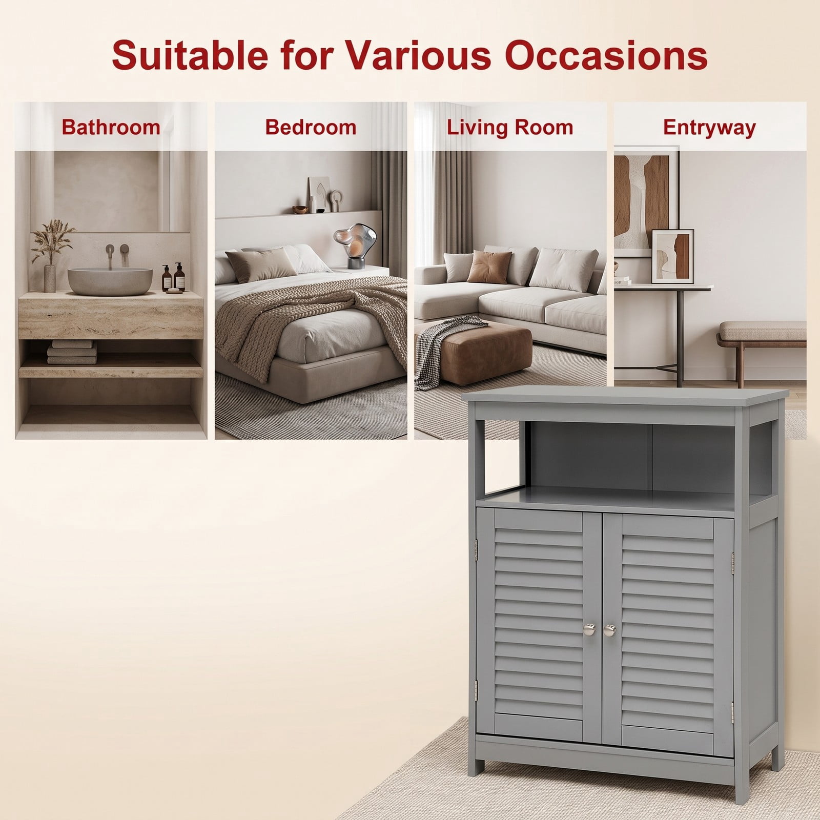 Fenbeli Wood Freestanding Bathroom Storage Cabinet with Double Shutter Doors, Adjustable Shelf, Anti-Tipping Floor Organizer for Bathroom Living Room Bedroom, Gray