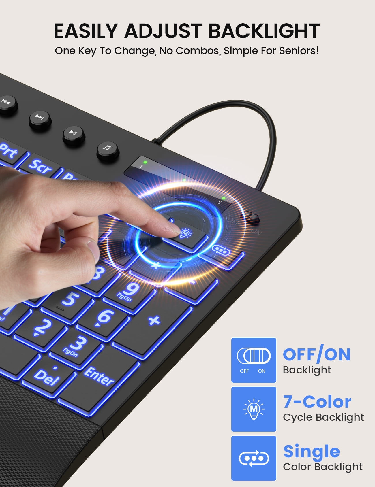 Large Print Wired Backlit Keyboard with Wrist Rest, Phone Holder, Backlight Memory, Quiet Keys, Ergonomic Keyboard for PC Laptop