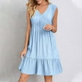 thumbnail image 2 of Flowy Dresses with Sleeves for Women Petite Sleeveless Ruffle Tiered Layered V Neck Smock Gauze Dresses Cotton Linen Knee Length Modest Short Dresses Light Blue M, 2 of 5