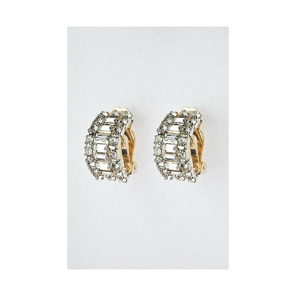 Gold Crystal Rhinestone Semi Circle Clip Earrings with Baguette Crystal Rhinestones
