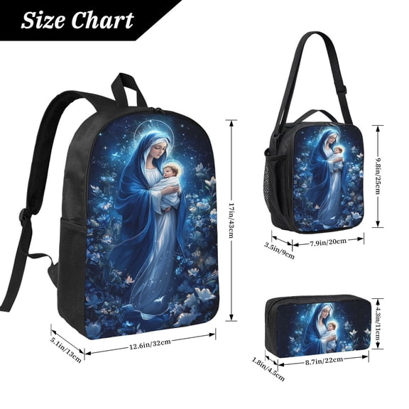 Virgin Mary Backpack 17 Inch Set with Lunch Bag and CaseDurableTravel Bag Combo for Work Commuting Daily Use