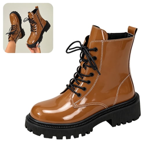 Willtoo Women's Platform Combat Boots Stylish Fashion Lace-Up Ankle Short Bootie Punk Motorcycle Leather Boots for Fall Winter