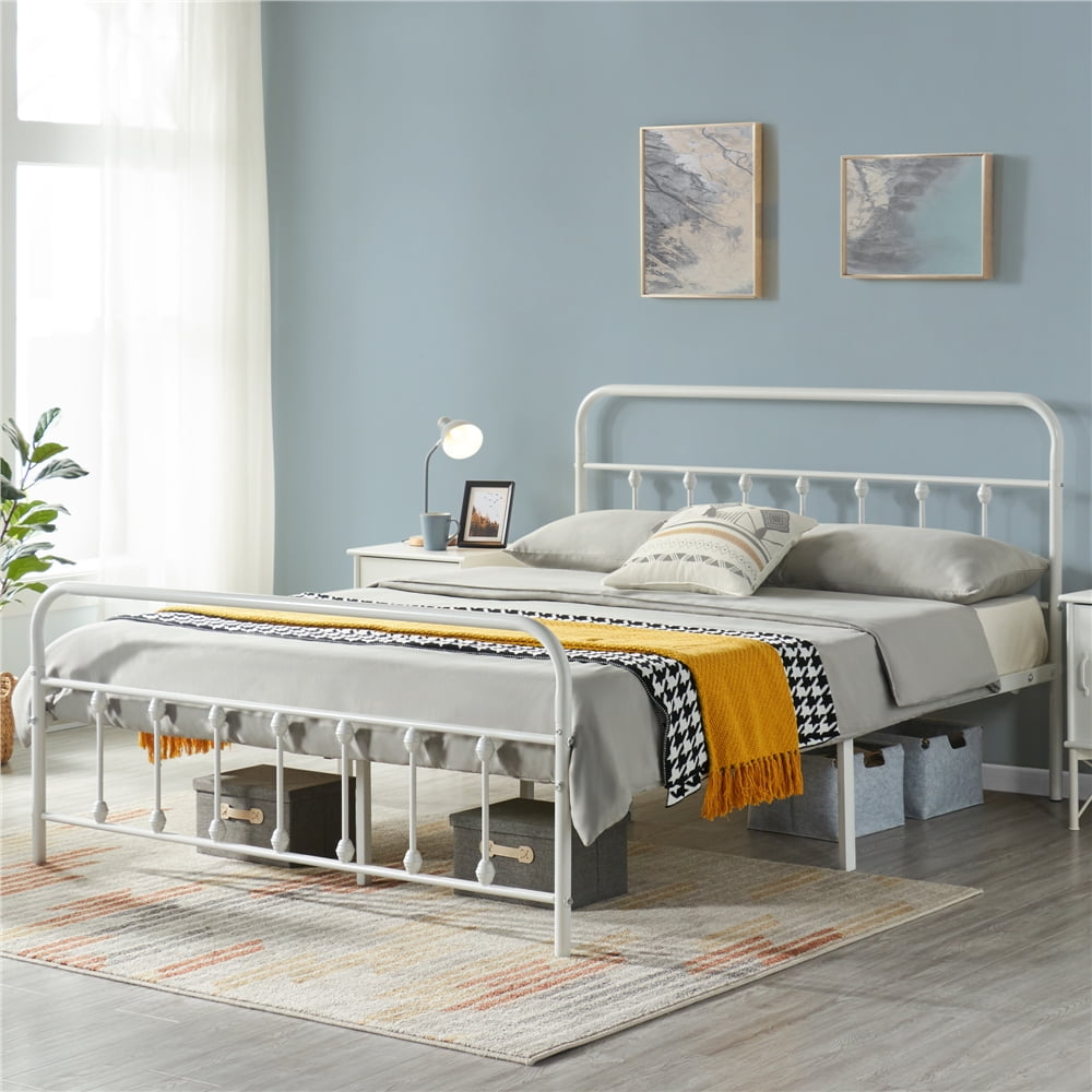 Fullfurnique Metal Platform Bed with High Headboard and Footboard for Adults, Twin, White