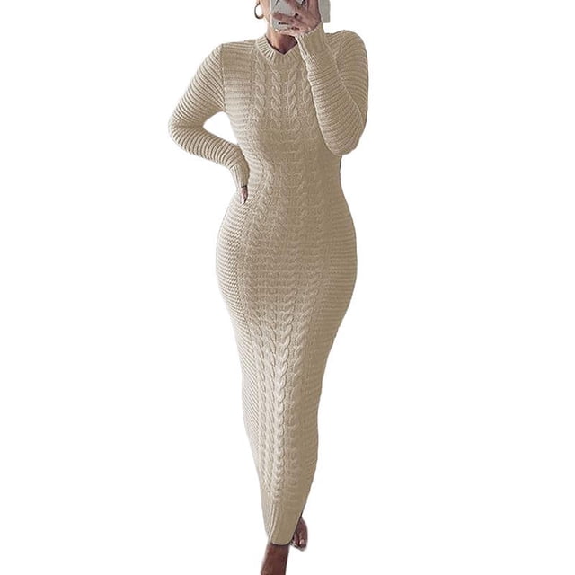 MAWCLOS Robe Chandail Femme Col Rond Maxi Robes Manches Longues Chandail Jumper Décontracté Travail Couleur Unie Beige P