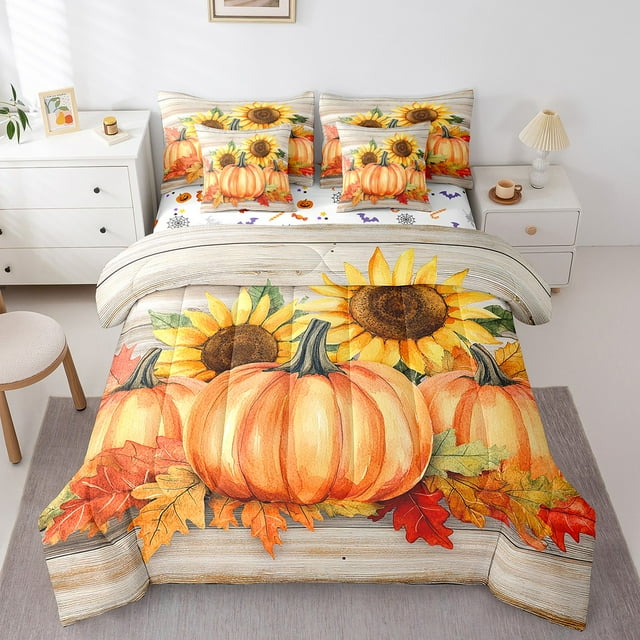 YST Ensemble de Literie d'Automne pour l'Action de Grâce 7 Pcs Ferme Citrouille Ensemble de Couette Pleine Ensemble de Draps d'Automne Porte de Grange Rustique Ensemble de Literie Tournesol Saison des Récoltes Feuilles d'Érable Ensemble de Lit Déco de Ferme