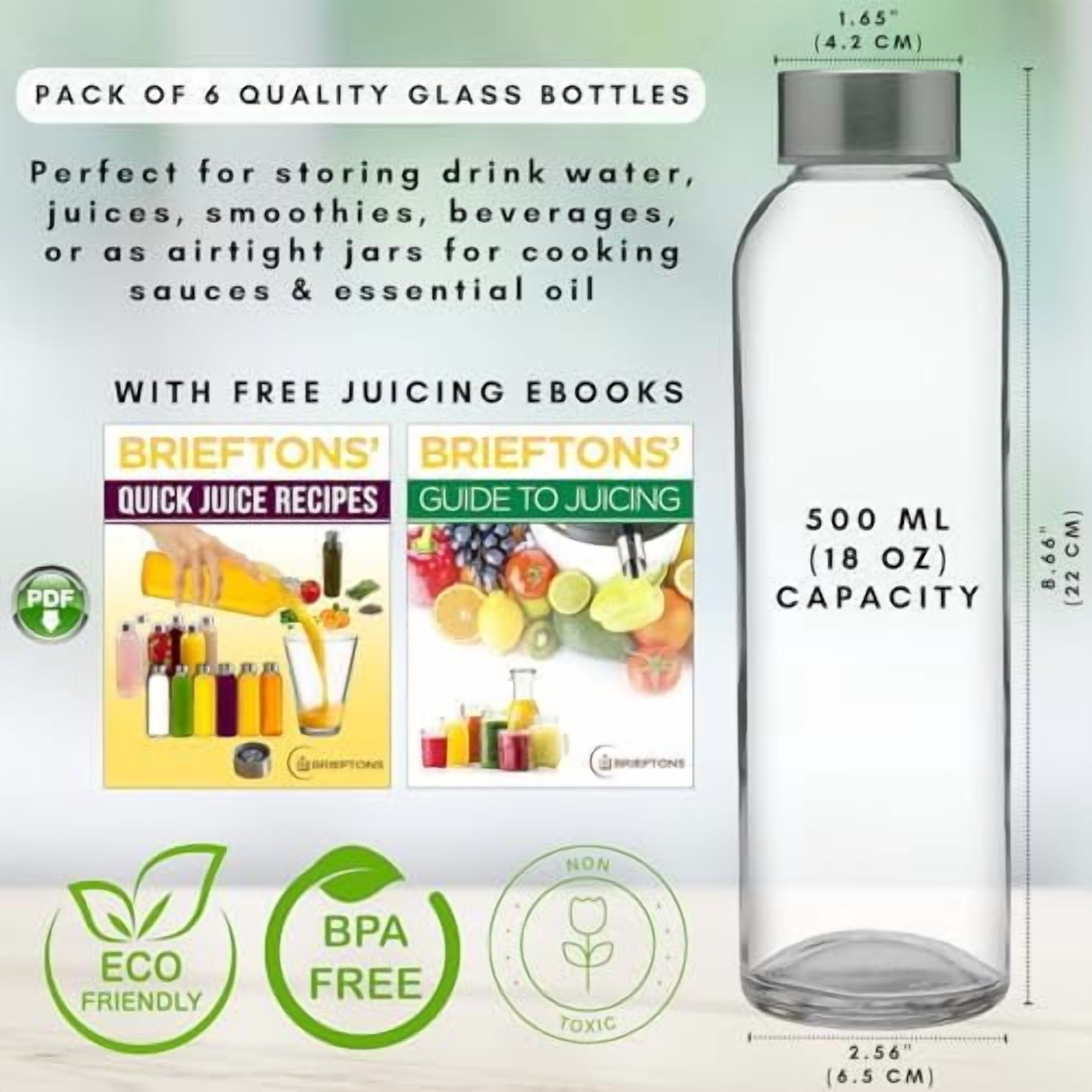 Jointown Clear Glass Water Bottles With Caps: 6 Pack, 18 Oz Premium Soda Lime, Reusable Drinking Bottle, Sauce Jar, Juice Beverage Container, Kefir Kit, With Leakproof Lids and Cleaning Brush