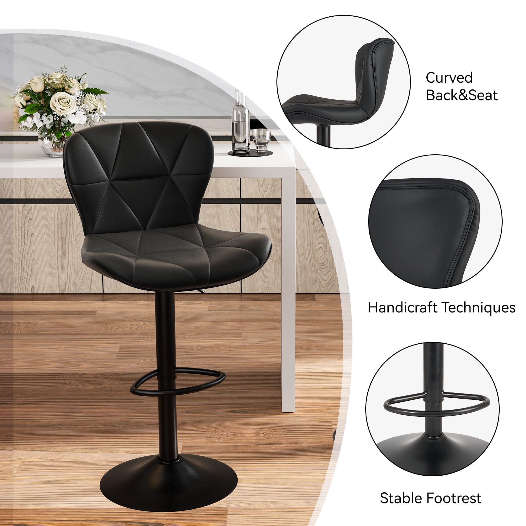 Hawsaiy Modern Bar Stools Set of 1, Adjustable Faux Leather Upholstered Swivel Bar Stools, Counter Height Bar Chairs with Back for Kitchen Island, Black
